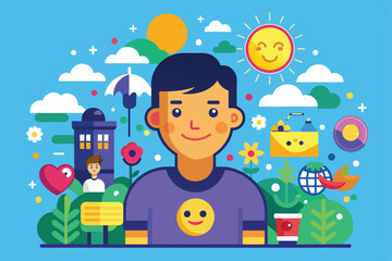 A person smiles joyfully amidst colorful symbols of happiness in a bright outdoor garden Happiness Customizable Flat Illustration