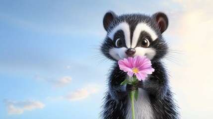 Obraz premium Adorable Raccoon with Pink Flower