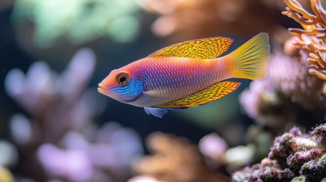 Colorful royal dottyback fish swimming near coral reef