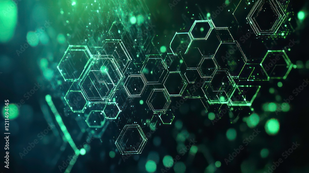 Poster Abstract green glowing hexagons and particles.