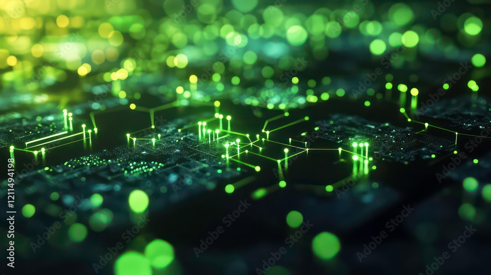 Poster Abstract close-up of glowing green circuit board with intricate pathways and nodes.
