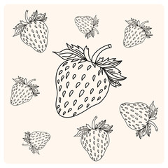 Strawberry set doodle style vector illustration isolated on cream