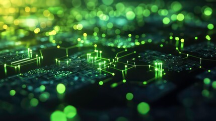 Obraz premium Abstract close-up of glowing green circuit board with intricate pathways and nodes.