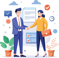 People shaking hands at work - Two businesspeople, man and woman doing handshake in office at work while smiling over business agreement and deal. Flat design stock illustration on white background