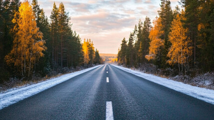 Fototapeta premium Straight paved road flanked by vibrant autumn trees under a sky at sunrise. Early winter environment with frost and snow along the edges creating a vibrant seasonal contrast.