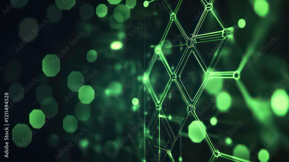 Poster Abstract green glowing network structure with bokeh background.