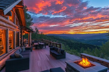 Cozy log cabin deck with fire pit overlooking majestic mountain sunset view