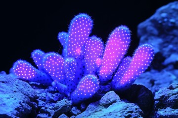 Fototapeta premium A neon-lit cactus glows under ultraviolet light, its vibrant colors contrasting against the dark background.