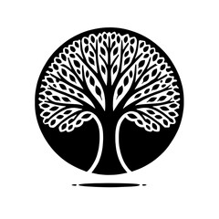 Naklejka premium Tree of Life: Elegant black and white illustration of a majestic tree within a circular frame, symbolizing growth, strength, and the interconnectedness of life. 
