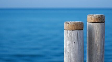 Oceanside Wooden Posts: Two weathered wooden posts stand sentinel against a calm, deep blue ocean, offering a serene and minimalist seascape.