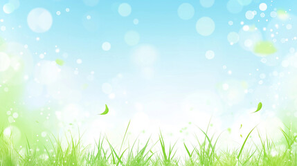 Obraz premium A cheerful spring background featuring light green grass, a clear blue sky, and a bright sunny glow with soft bokeh effects. The warm sunlight enhances the vibrant landscape