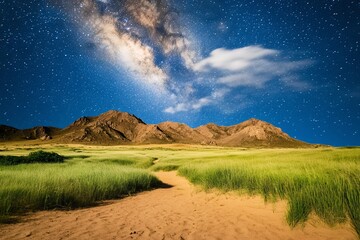Mesmerizing Night Sky over Mountain Range and Serene Landscape, Starry Night, Milky Way Galaxy, Dirt Path, Tranquil Nature Scene