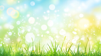 Obraz premium A cheerful spring background featuring light green grass, a clear blue sky, and a bright sunny glow with soft bokeh effects. The warm sunlight enhances the vibrant landscape