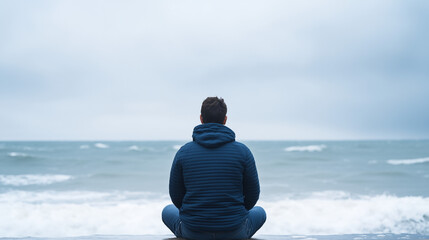 Solitude by the Sea: A man sits in a meditative pose on a beach, gazing out at a restless ocean under a brooding sky. The image evokes a sense of contemplation and inner peace.