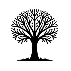 Stylized Black Tree Silhouette: A minimalist illustration of a majestic tree, its branches reaching skyward in a perfect circle, rendered in elegant black silhouette against a clean background.