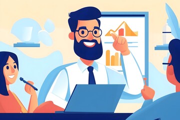 Business manager presenting a strategic proposal on projector screen during team meeting in modern