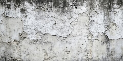 Obraz premium Weathered cement wall texture with cracked surface in shades of gray and white, showcasing rough, aged features. Perfect for backgrounds and designs.