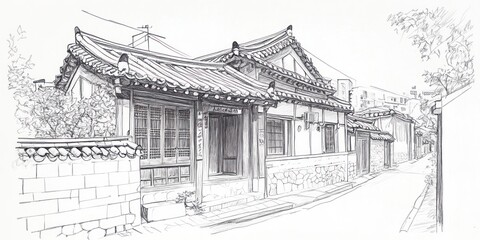 Pen Sketch of a Traditional Korean House and Alleyway