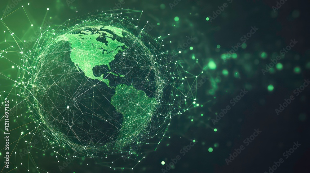 Poster Green glowing digital earth globe with connecting lines and dots, representing global network and connectivity.