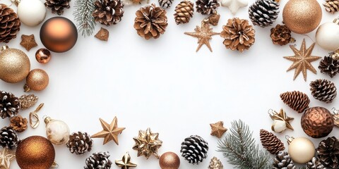 Top view flat lay of elegant Christmas decorations in gold and bronze tones arranged symmetrically on a white background with empty space in center