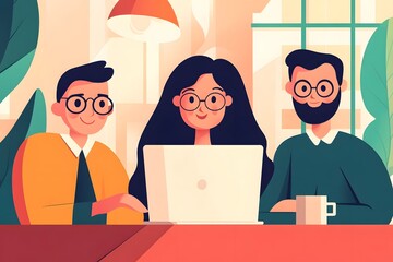 Diverse coworkers collaborating on a laptop in a cozy modern office setting