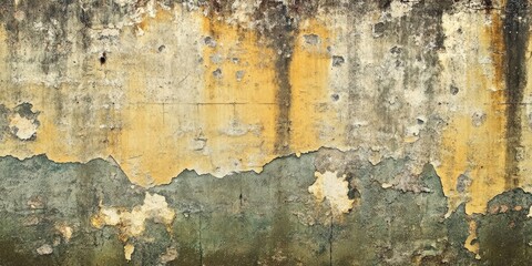 Weathered textured wall featuring shades of yellow, green, and gray with cracks and peeling paint creating an aged, rustic appearance.