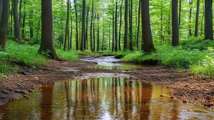 Fototapeta premium Serene Forest Stream Reflection: A Tranquil Woodland Scene