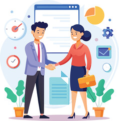 People shaking hands at work - Two businesspeople, man and woman doing handshake in office at work while smiling over business agreement and deal. Flat design stock illustration on white background