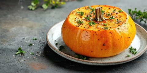 Vibrant roasted pumpkin on a rustic porcelain plate with scattered herbs and spices against a textured dark background with ample copyspace
