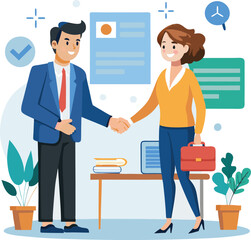 People shaking hands at work - Two businesspeople, man and woman doing handshake in office at work while smiling over business agreement and deal. Flat design stock illustration on white background