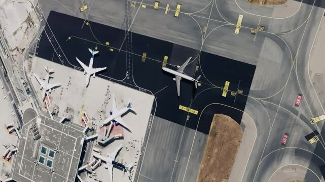 Realistic CGI aerial perspective of a busy airport featuring taxiing airplanes, terminal buildings, and detailed runway markings, ideal for aviation projects and transportation themes