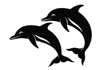Fototapeta premium black silhouette Playful dolphins jumping out of the ocean waves isolated white background