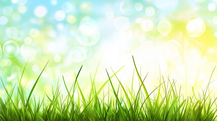 Fototapeta premium A cheerful spring background featuring light green grass, a clear blue sky, and a bright sunny glow with soft bokeh effects. The warm sunlight enhances the vibrant landscape
