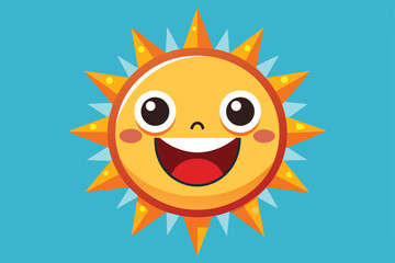 Obraz premium A cheerful sun with a big smile and vibrant rays brightens up a lively blue backdrop Happy sun Customizable Disproportionate Illustration