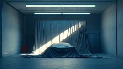 Empty garage with a large cloth placed over an unseen car, light and shadow interacting on the folds of the fabric 