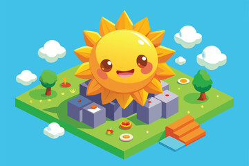 A happy sun shines over an illustrated landscape with trees, clouds, and playful details, creating a joyful ambiance Happy sun Customizable Isometric Illustration