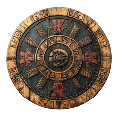 Fototapeta premium Decorative Vintage Shield with Red and Blue Patterns on Wood