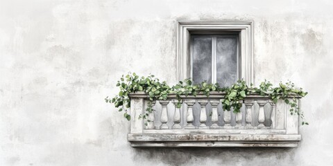 Fototapeta premium Weathered Balcony Window With Overhanging Greenery