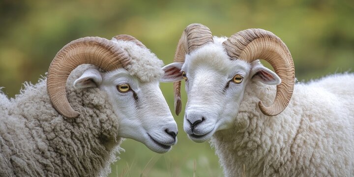 Whiteheaded Dorper ewe and ram with curled horns facing each other in soft focus green background highlighting their woolly texture and gentle expressions