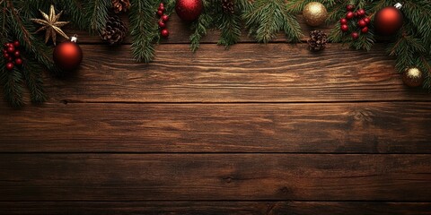 Christmas themed wooden background with green pine branches red and gold ornaments and space for text on the rustic brown wood surface