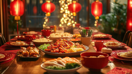 Naklejka premium Festive arrangement of Chinese New Year snacks on a red silk tablecloth with gold details
