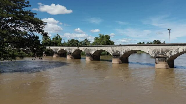 Aerial footage of the bridge who was used during french colonial era as railway for carry stuff and avoid Mekong falls, 4000 islands province, Lao PDR - Don Det and Don Khon islands