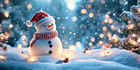 Fototapeta premium Snowman wearing a red hat and scarf in a snowy landscape with sparkling lights and snowflakes in the background creating a festive Christmas atmosphere