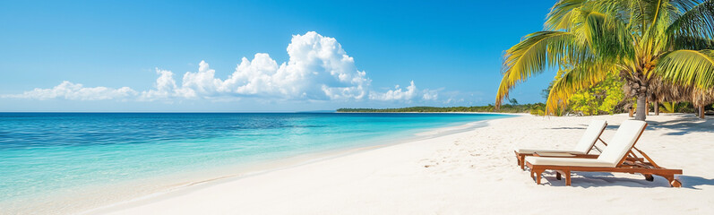 Naklejka premium Tropical Paradise Awaits: Two inviting lounge chairs beckon on a pristine white sand beach, framed by swaying palm trees and the azure waters of a tropical paradise.
