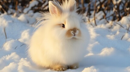 Fluffy White Rabbit Sitting In Winter Snow