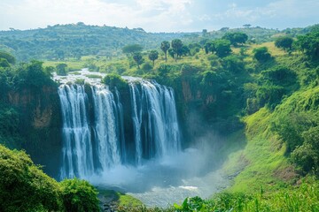 Naklejka premium Blue nile falls cascading down a cliff in ethiopia, creating a misty spectacle