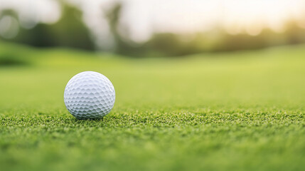 Obraz premium Golf Ball on Green: A pristine white golf ball sits perched on a lush green fairway, bathed in the warm glow of the evening sun. This image captures the essence of a perfect golf shot.