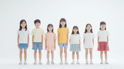 Obraz premium Childhood Friends: Seven cheerful children, dressed in casual attire, stand side-by-side with bright smiles. They embody the innocence and joy of youth.