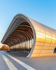 Obraz premium Modern Public Transportation Shelter with a Unique Curved Concrete Design Bathed in Warm Sunrise Light