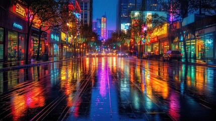 Obraz premium City street illuminated by neon lights with reflections on wet pavement 